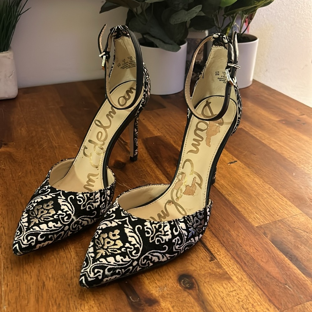 Sam Edelman Black and White Brocade Pointed-Toe Ankle-Strap Heels - Picture 2 of 7